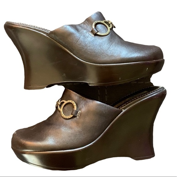 VINTAGE TOMMY GIRL Chunky Brown Leather Platform Mules Clogs Y2K 2000s Size 6 - Picture 4 of 8